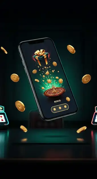 Une main tient un smartphone affichant la page des bonus de Pampago Casino, avec des jetons de casino et des pièces d'or en arrière-plan, symbolisant la richesse des offres.