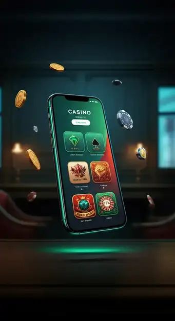 Interface de jeu moderne de Pampago Casino présentant une sélection de machines à sous populaires et des tables de casino en direct sur une tablette.